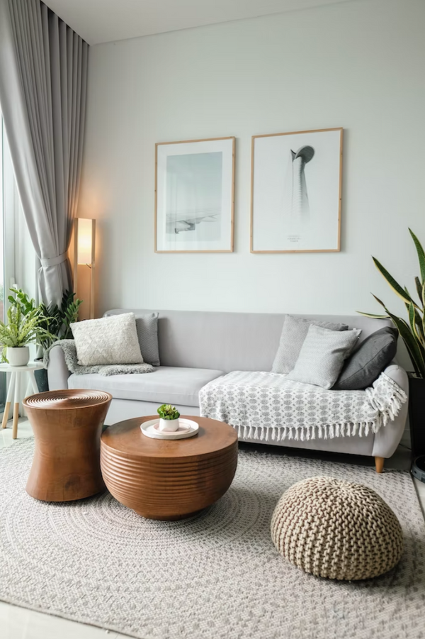 grey living room interior design with wooden tables